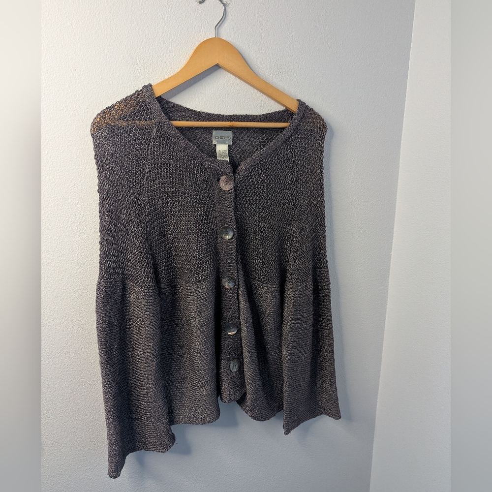 Chico’s Open Knit Button Front Cardigan Sweater Size 3 (XL) Gray Linen Blend